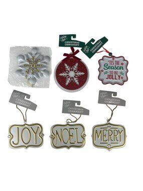 Holiday Style 6 Pc Christmas Ornaments Set Joy Noel Merry Tin Hanging
